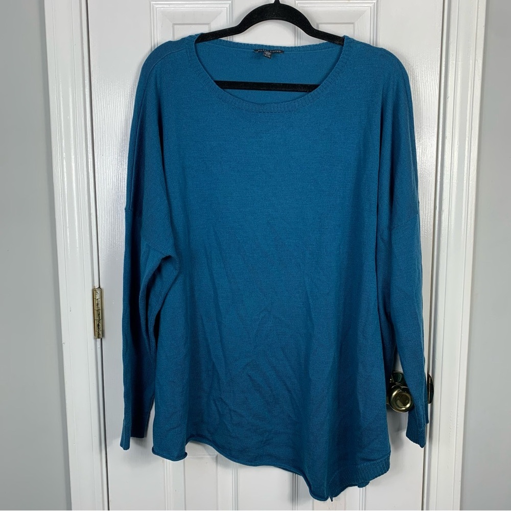 Eileen Fisher Lagenlook Oversized Asymmetrical Dark Teal Round Neck Sweater XL
